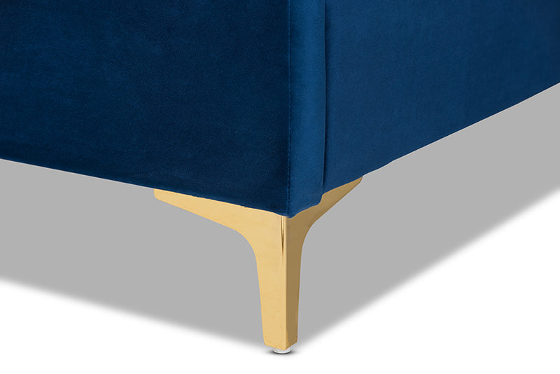 Sasha Contemporary Glam and Luxe Navy Blue Velvet Fabric Upholstered and Gold Metal King Size Platform Bed