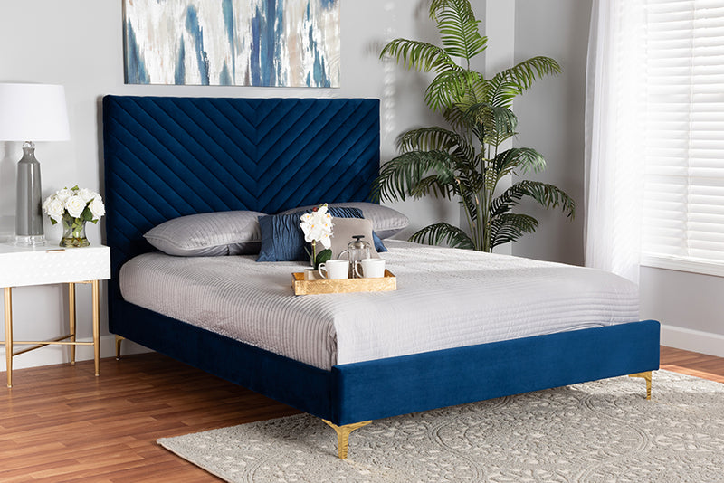 Sasha Contemporary Glam and Luxe Navy Blue Velvet Fabric Upholstered and Gold Metal King Size Platform Bed