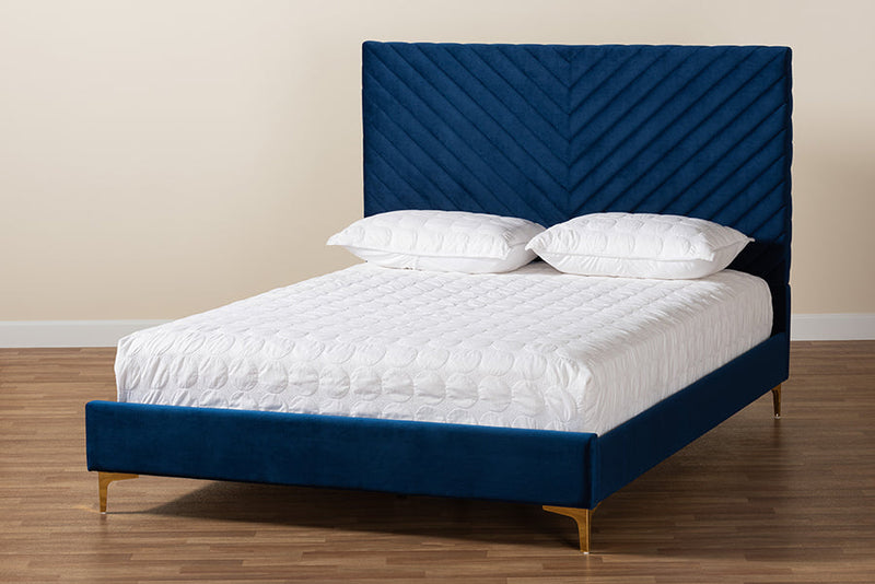 Sasha Navy Blue Velvet Fabric Upholstered and Gold Metal Queen Size Platform Bed Baxton