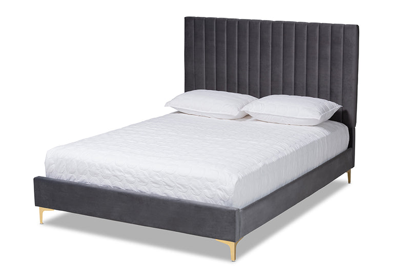 Tristan Contemporary Glam and Luxe Gray Velvet Fabric Upholstered and Gold Metal Full Size Platform Bed