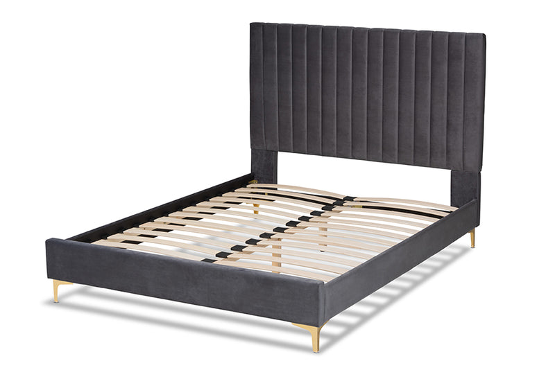 Tristan Contemporary Glam and Luxe Gray Velvet Fabric Upholstered and Gold Metal Full Size Platform Bed