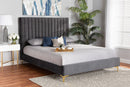 Tristan Gray Velvet Fabric Gold Metal Full Size Platform Bed Baxton