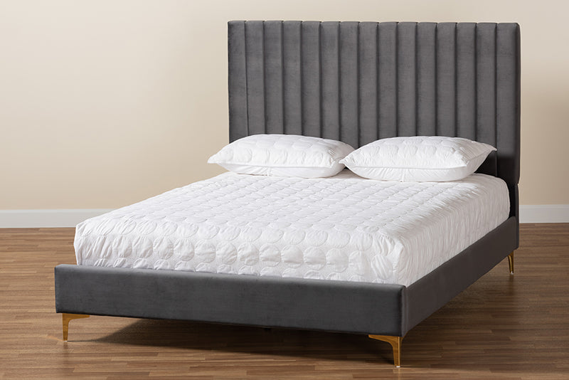 Tristan Contemporary Glam and Luxe Gray Velvet Fabric Upholstered and Gold Metal Full Size Platform Bed