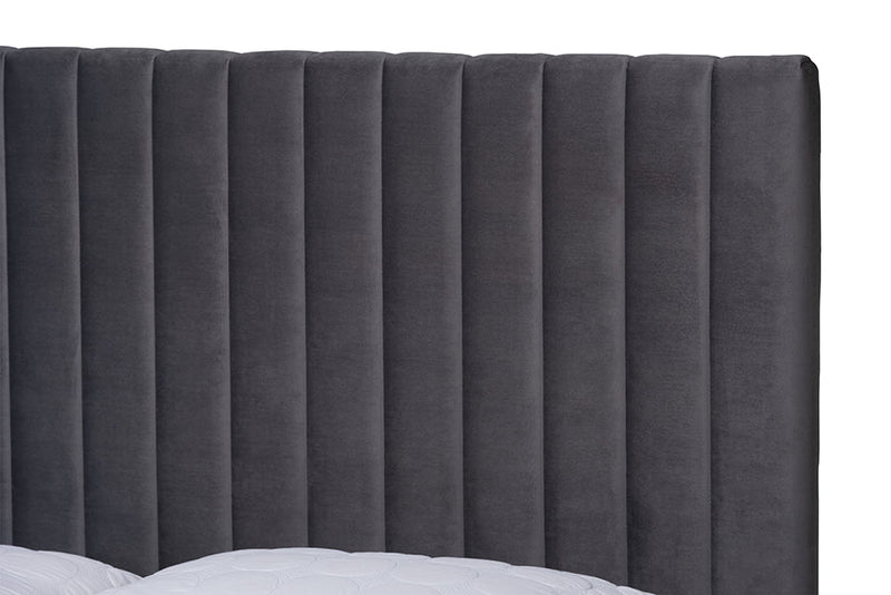 Tristan Gray Velvet Fabric Upholstered and Gold Metal Queen Size Platform Bed Baxton