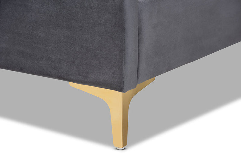 Tristan Gray Velvet Fabric Upholstered and Gold Metal Queen Size Platform Bed Baxton