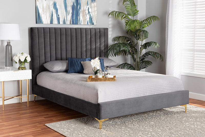 Tristan Gray Velvet Fabric Upholstered and Gold Metal Queen Size Platform Bed Baxton