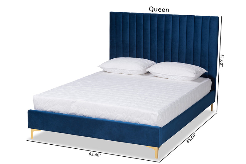 Tristan Contemporary Glam and Luxe Navy Blue Velvet Fabric Upholstered and Gold Metal Queen Size Platform Bed