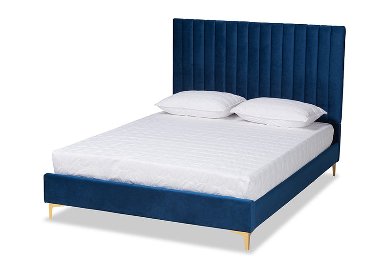 Tristan Navy Blue Velvet Fabric Gold Metal King Size Platform Bed Baxton