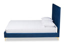 Tristan Navy Blue Velvet Fabric Gold Metal Queen Size Platform Bed Baxton