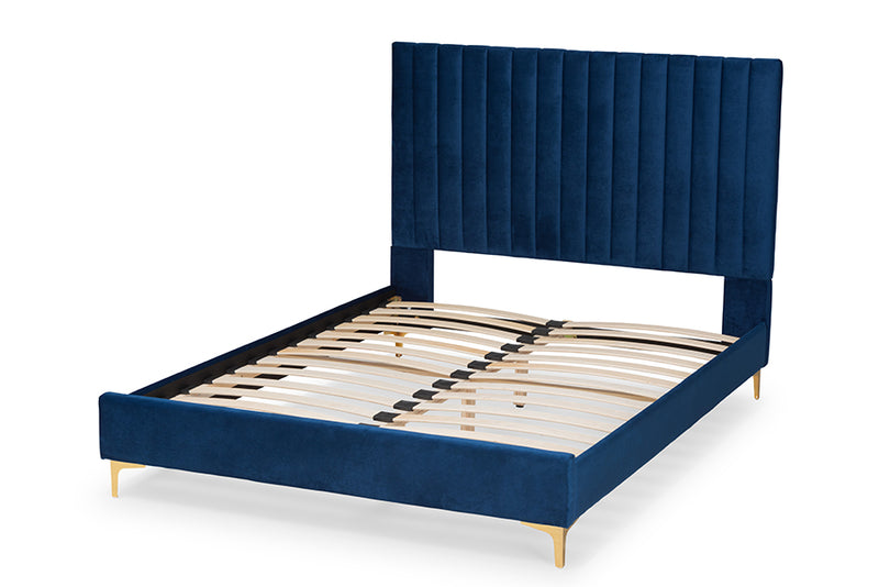 Tristan Contemporary Glam and Luxe Navy Blue Velvet Fabric Upholstered and Gold Metal Queen Size Platform Bed