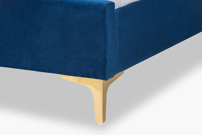 Tristan Contemporary Glam and Luxe Navy Blue Velvet Fabric Upholstered and Gold Metal Queen Size Platform Bed