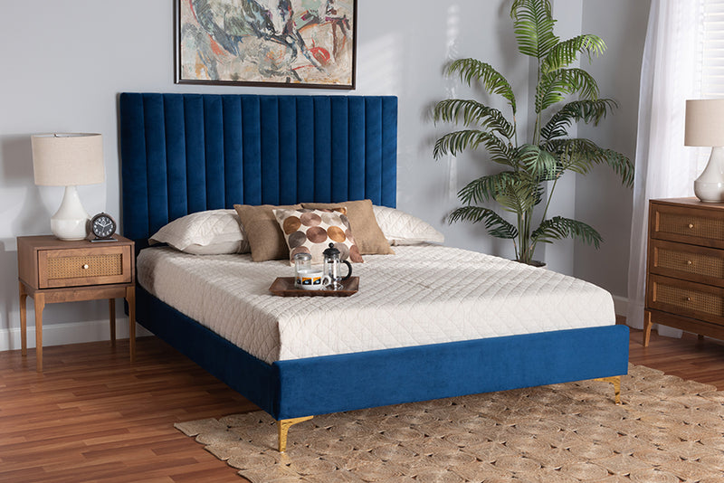 Tristan Contemporary Glam and Luxe Navy Blue Velvet Fabric Upholstered and Gold Metal Queen Size Platform Bed