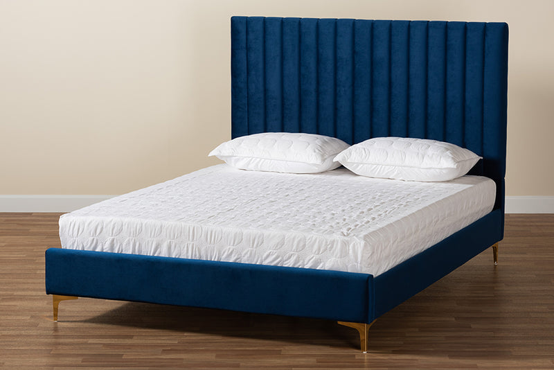 Tristan Contemporary Glam and Luxe Navy Blue Velvet Fabric Upholstered and Gold Metal Queen Size Platform Bed