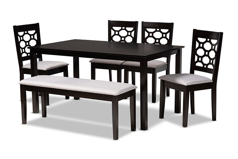 Seanna Modern and Contemporary Gray Fabric Upholstered and Dark Brown Finished Wood 6-Piece Dining Set