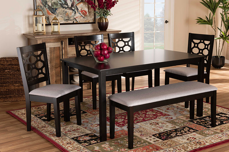 Seanna Modern and Contemporary Gray Fabric Upholstered and Dark Brown Finished Wood 6-Piece Dining Set