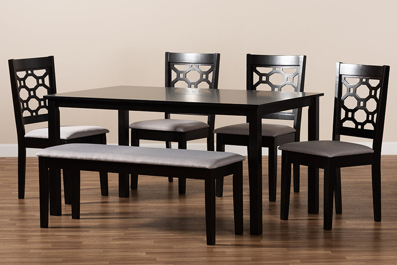 Seanna Modern and Contemporary Gray Fabric Upholstered and Dark Brown Finished Wood 6-Piece Dining Set