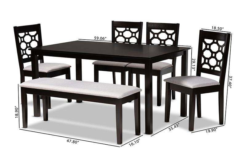 Seanna Modern and Contemporary Gray Fabric Upholstered and Dark Brown Finished Wood 6-Piece Dining Set