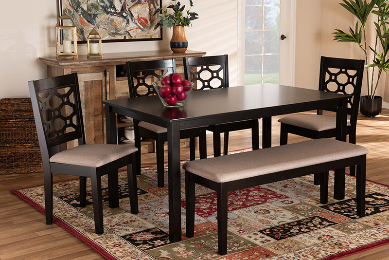 Seanna Modern and Contemporary Sand Fabric Upholstered and Dark Brown Finished Wood 6-Piece Dining Set