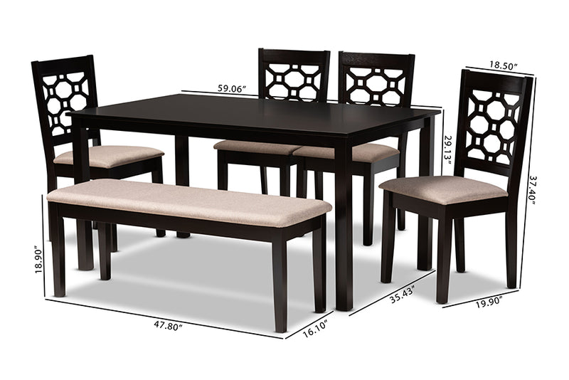 Seanna Modern and Contemporary Sand Fabric Upholstered and Dark Brown Finished Wood 6-Piece Dining Set