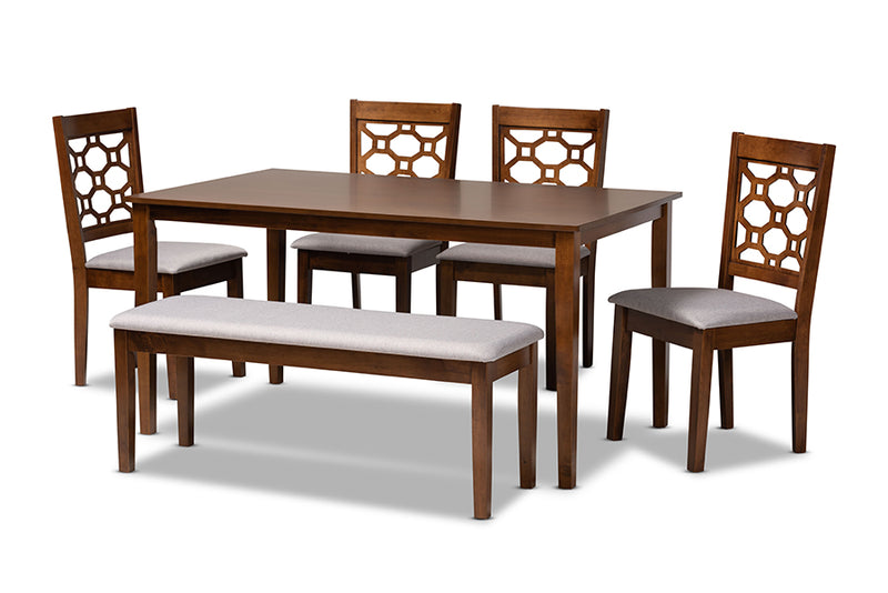 Seanna Modern and Contemporary Gray Fabric Upholstered and Walnut Brown Finished Wood 6-Piece Dining Set