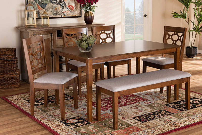 Seanna Modern and Contemporary Gray Fabric Upholstered and Walnut Brown Finished Wood 6-Piece Dining Set