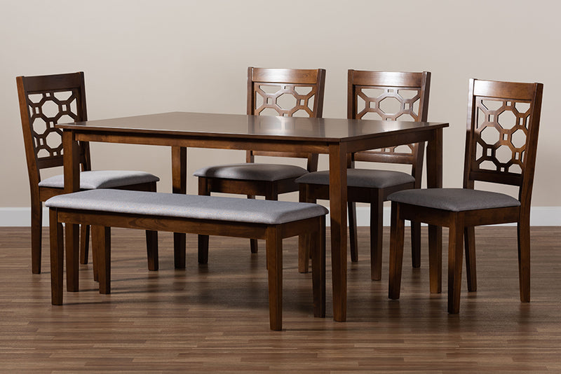 Seanna Modern and Contemporary Gray Fabric Upholstered and Walnut Brown Finished Wood 6-Piece Dining Set