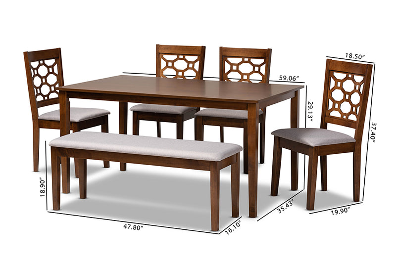 Seanna Modern and Contemporary Gray Fabric Upholstered and Walnut Brown Finished Wood 6-Piece Dining Set