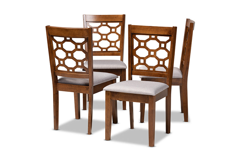 Parthenia Modern and Contemporary Gray Fabric Upholstered and Walnut Brown Finished Wood 4-Piece Dining Chair Set