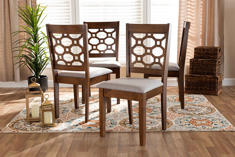 Parthenia Modern and Contemporary Gray Fabric Upholstered and Walnut Brown Finished Wood 4-Piece Dining Chair Set