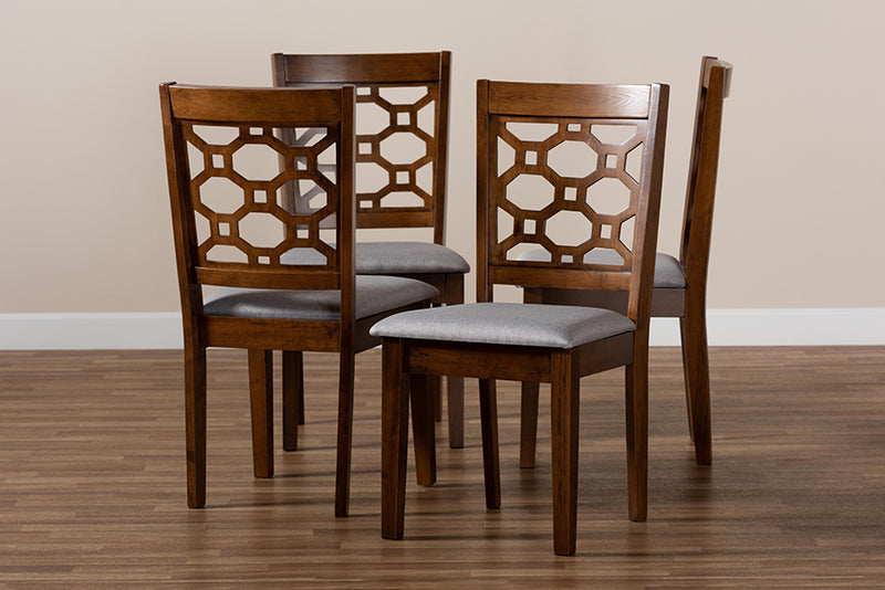 Parthenia Modern and Contemporary Gray Fabric Upholstered and Walnut Brown Finished Wood 4-Piece Dining Chair Set