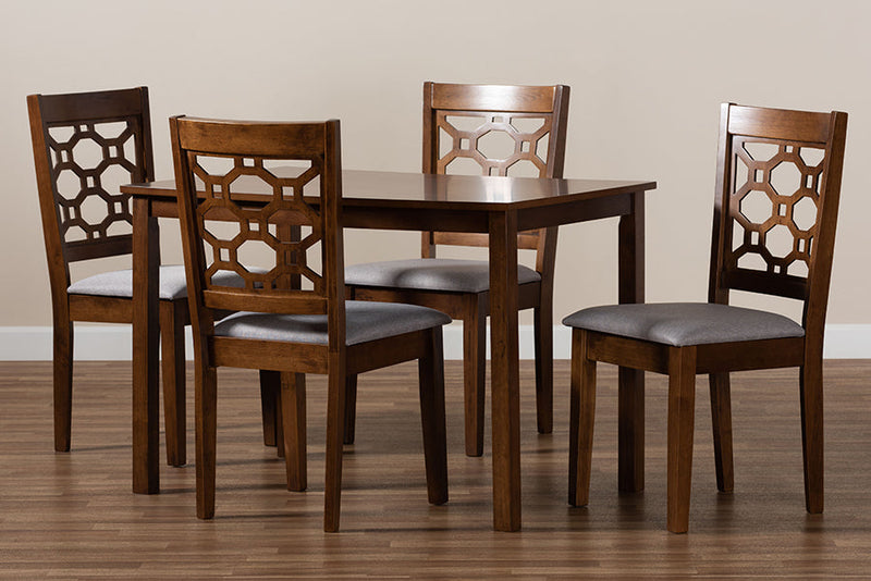 Tartan Gray Fabric Upholstered and Walnut Brown 5-Piece Dining Set Baxton