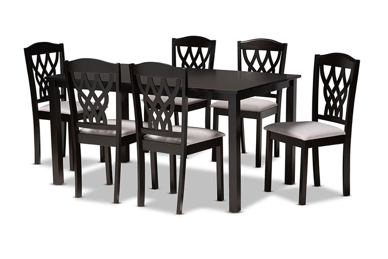 Loreto Gray Fabric Upholstered and Dark Brown 7-Piece Dining Set Baxton