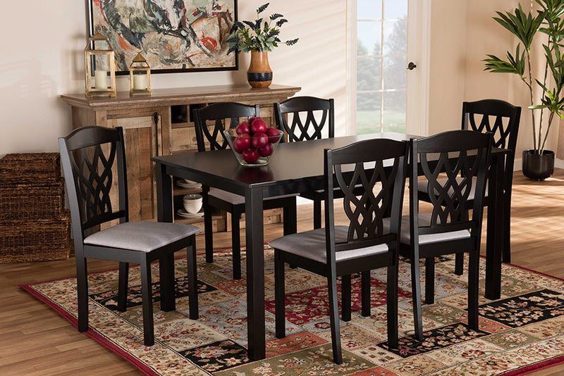 Loreto Gray Fabric Upholstered and Dark Brown 7-Piece Dining Set Baxton