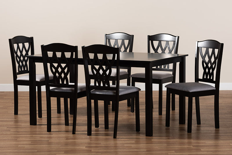 Loreto Gray Fabric Upholstered and Dark Brown 7-Piece Dining Set Baxton
