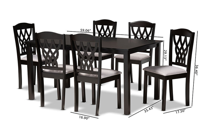 Loreto Gray Fabric Upholstered and Dark Brown 7-Piece Dining Set Baxton