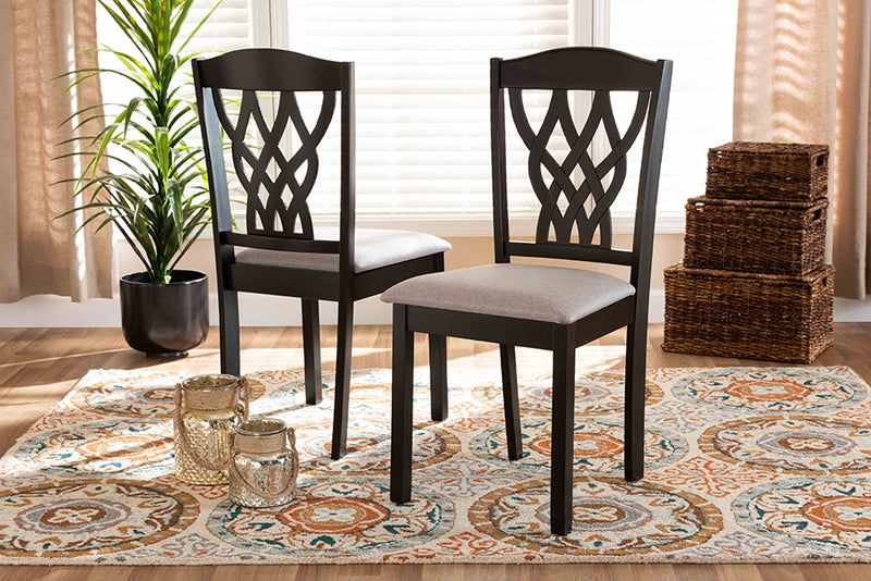 Vevina Modern and Contemporary Gray Fabric Upholstered and Dark Brown Finished Wood 2-Piece Dining Chair Set