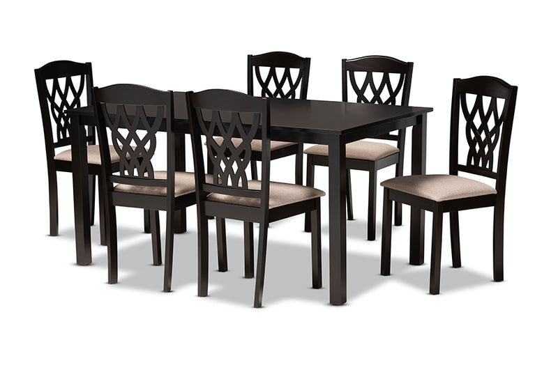 Loreto Modern and Contemporary Sand Fabric Upholstered and Dark Brown Finished Wood 7-Piece Dining Set