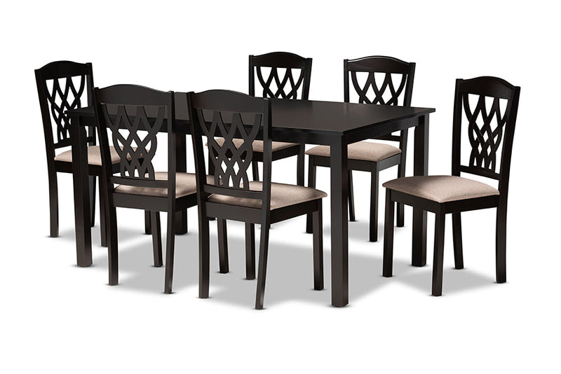 Loreto Sand Fabric Upholstered and Dark Brown 7-Piece Dining Set Baxton