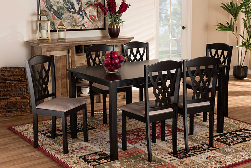 Loreto Modern and Contemporary Sand Fabric Upholstered and Dark Brown Finished Wood 7-Piece Dining Set