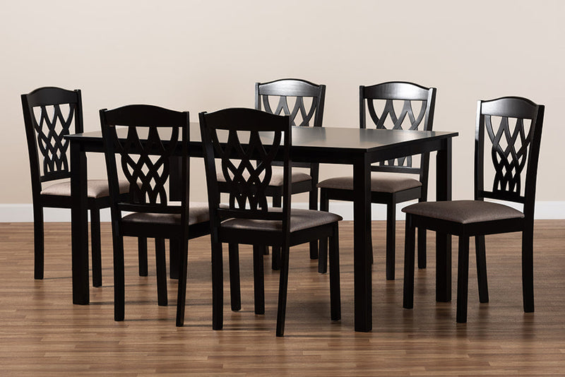 Loreto Sand Fabric Upholstered and Dark Brown 7-Piece Dining Set Baxton