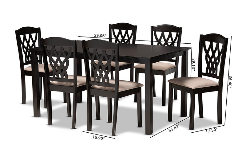 Loreto Sand Fabric Upholstered and Dark Brown 7-Piece Dining Set Baxton