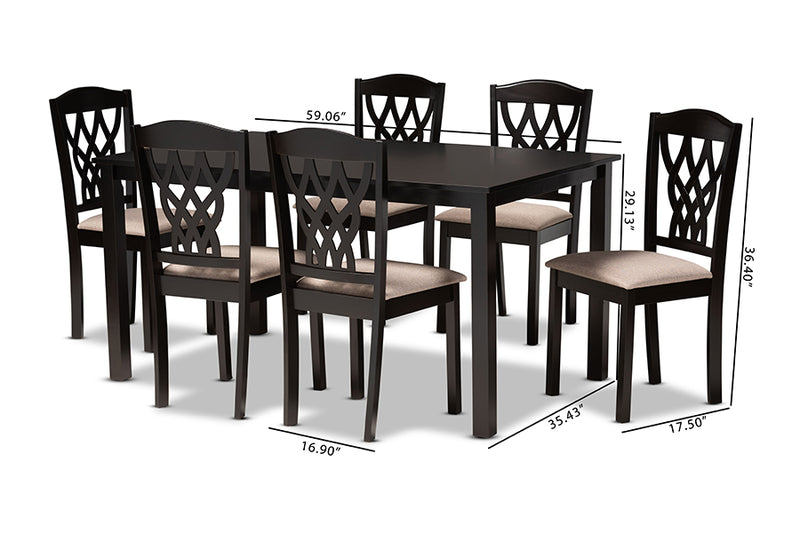 Loreto Modern and Contemporary Sand Fabric Upholstered and Dark Brown Finished Wood 7-Piece Dining Set