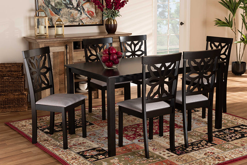 Reba Modern and Contemporary Gray Fabric Upholstered and Dark Brown Finished Wood 7-Piece Dining Set