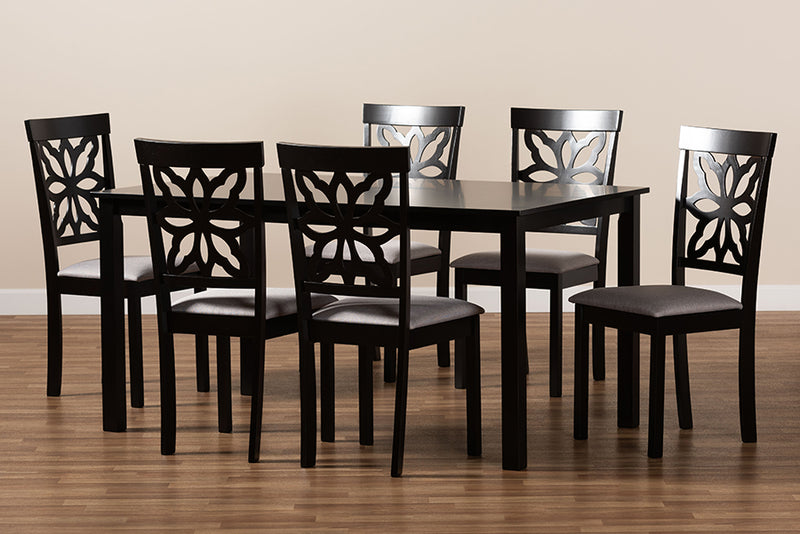 Reba Modern and Contemporary Gray Fabric Upholstered and Dark Brown Finished Wood 7-Piece Dining Set