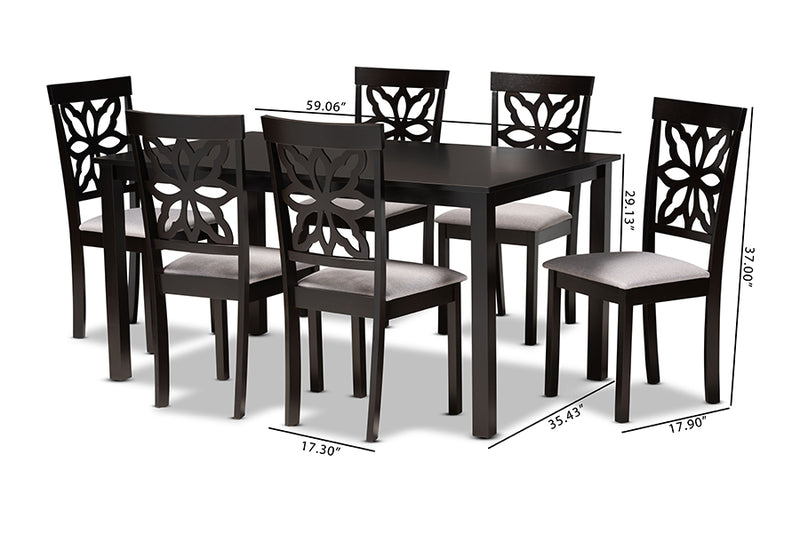 Reba Modern and Contemporary Gray Fabric Upholstered and Dark Brown Finished Wood 7-Piece Dining Set