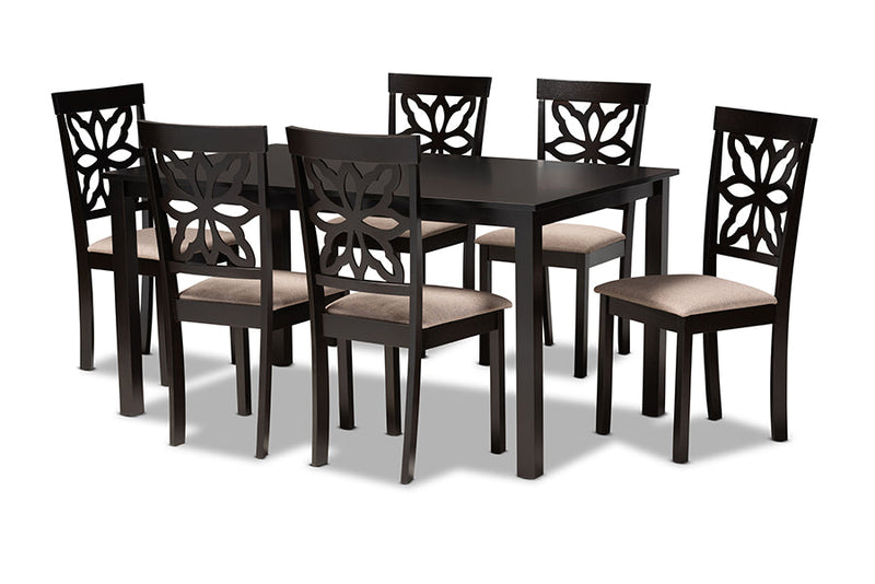 Reba Sand Fabric Upholstered and Dark Brown 7-Piece Dining Set Baxton