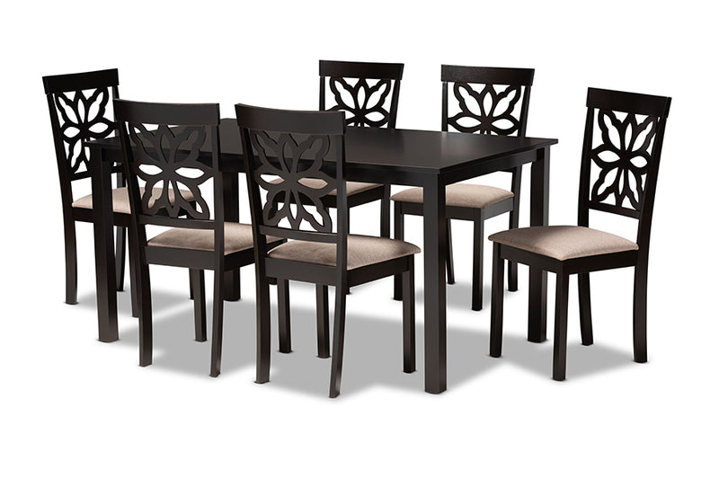 Reba Modern and Contemporary Sand Fabric Upholstered and Dark Brown Finished Wood 7-Piece Dining Set