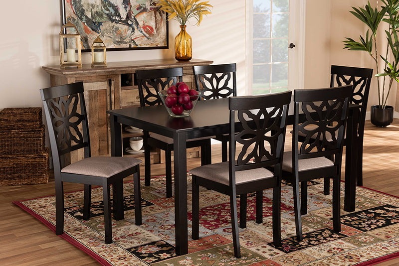 Reba Modern and Contemporary Sand Fabric Upholstered and Dark Brown Finished Wood 7-Piece Dining Set