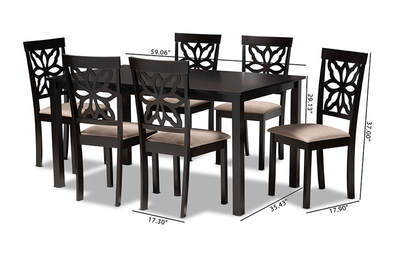 Reba Sand Fabric Upholstered and Dark Brown 7-Piece Dining Set Baxton