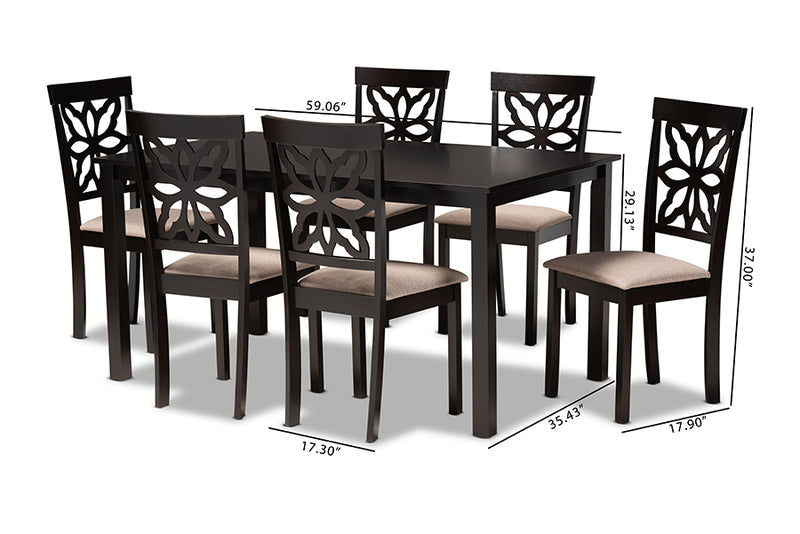 Reba Modern and Contemporary Sand Fabric Upholstered and Dark Brown Finished Wood 7-Piece Dining Set